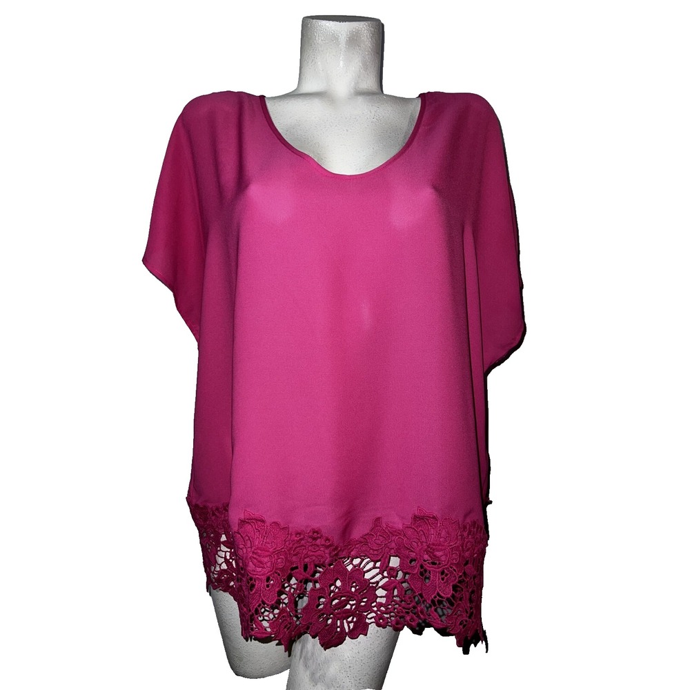 Investments II Womens Fuchsia Pink Crochet Lace Hem Scoop Neck Blouse NWT 1X